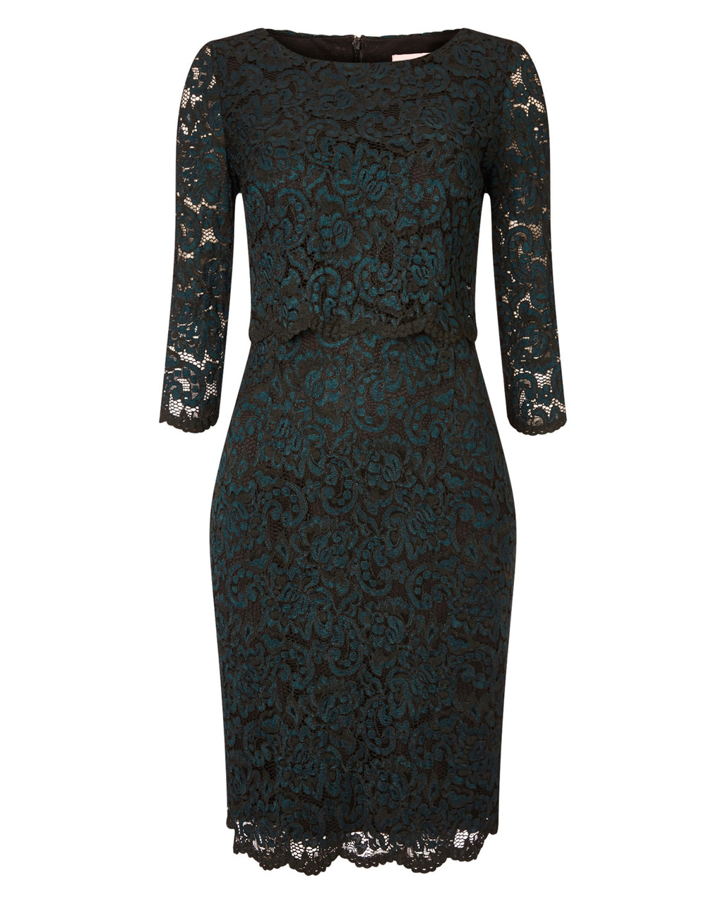 Keke Lace Dress - style: shift; hip detail: draws attention to hips; predominant colour: teal; length: on the knee; fit: body skimming; fibres: nylon - mix; occasions: occasion; neckline: crew; sleeve length: 3/4 length; sleeve style: standard; texture group: lace; pattern type: fabric; pattern size: standard; pattern: patterned/print; embellishment: lace; season: a/w 2015; wardrobe: event; embellishment location: pattern