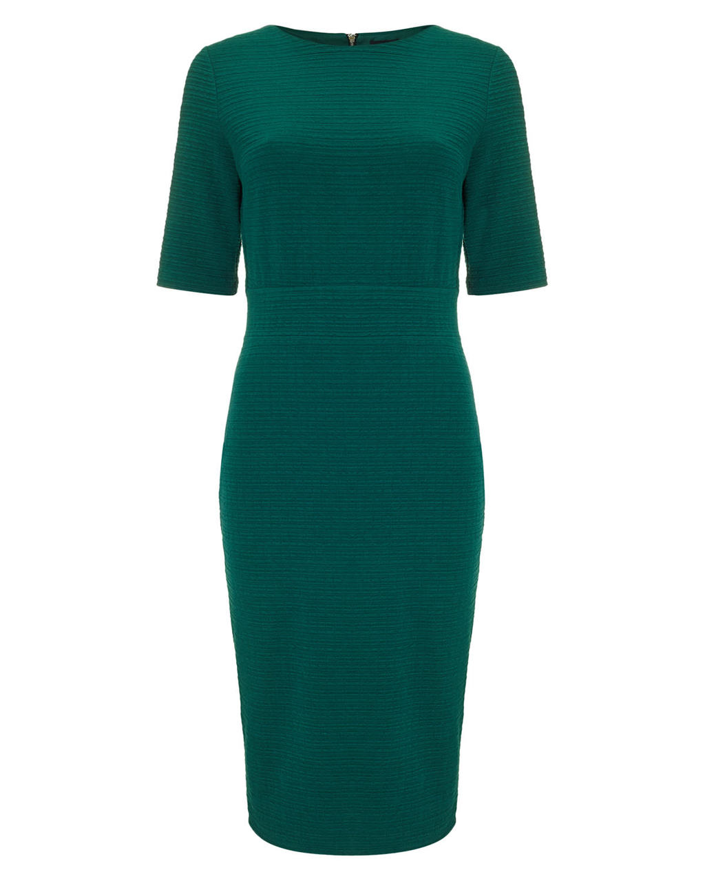Tamzin Textured Midi Dress - style: shift; length: below the knee; pattern: plain; predominant colour: dark green; occasions: evening, occasion; fit: fitted at waist & bust; fibres: polyester/polyamide - stretch; neckline: crew; sleeve length: short sleeve; sleeve style: standard; pattern type: fabric; texture group: jersey - stretchy/drapey; season: a/w 2015
