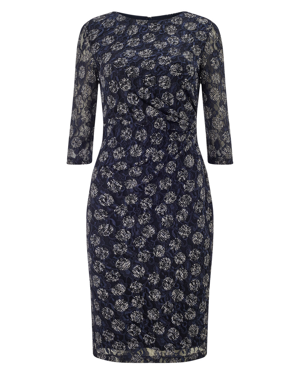 Textured Lace Spot Dress - style: shift; secondary colour: lilac; predominant colour: navy; length: on the knee; fit: body skimming; fibres: polyester/polyamide - stretch; occasions: occasion; neckline: crew; sleeve length: 3/4 length; sleeve style: standard; texture group: lace; pattern type: fabric; pattern size: standard; pattern: patterned/print; season: a/w 2015