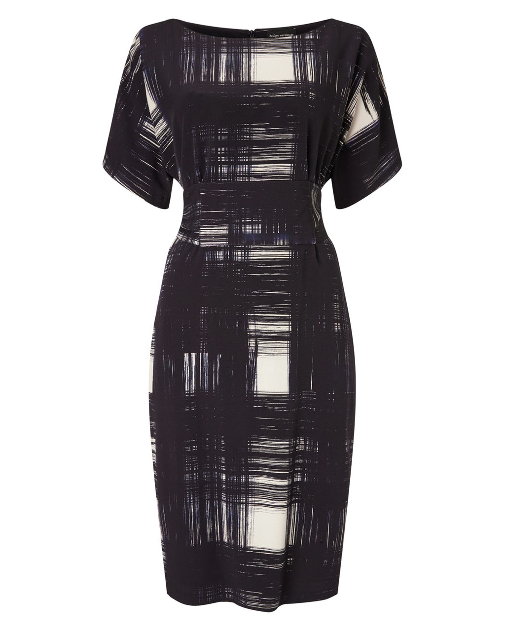 Joan Check Dress - style: shift; neckline: slash/boat neckline; fit: tailored/fitted; pattern: checked/gingham; secondary colour: white; predominant colour: black; occasions: evening, creative work; length: on the knee; fibres: polyester/polyamide - 100%; sleeve length: short sleeve; sleeve style: standard; trends: monochrome, plaid and simple; pattern type: fabric; texture group: woven light midweight; season: a/w 2015