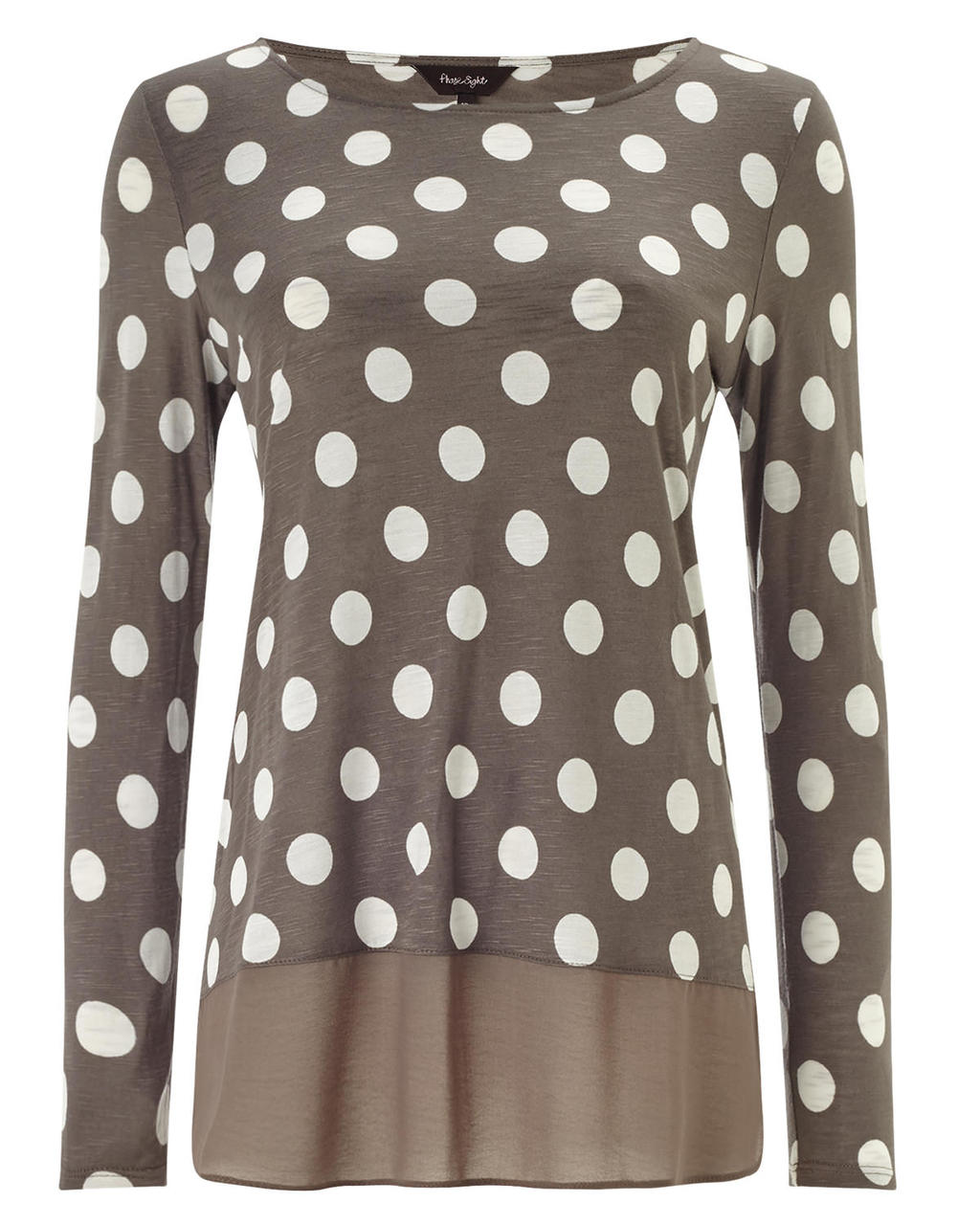 Kelly Spot Woven Hem Top - neckline: round neck; length: below the bottom; style: t-shirt; pattern: polka dot; secondary colour: white; predominant colour: taupe; occasions: casual, creative work; fibres: polyester/polyamide - 100%; fit: body skimming; sleeve length: long sleeve; sleeve style: standard; pattern type: fabric; pattern size: light/subtle; texture group: jersey - stretchy/drapey; season: a/w 2015