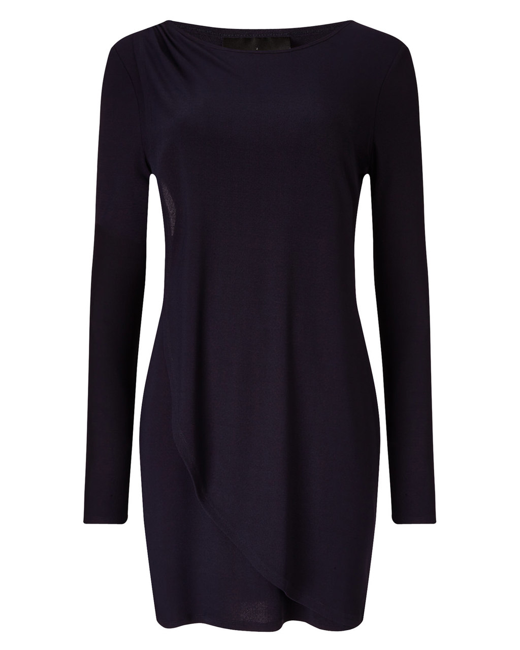 Dotty Draped Tunic - neckline: slash/boat neckline; pattern: plain; style: tunic; predominant colour: navy; occasions: casual, creative work; fibres: cotton - 100%; fit: straight cut; length: mid thigh; sleeve length: long sleeve; sleeve style: standard; pattern type: fabric; texture group: jersey - stretchy/drapey; season: a/w 2015