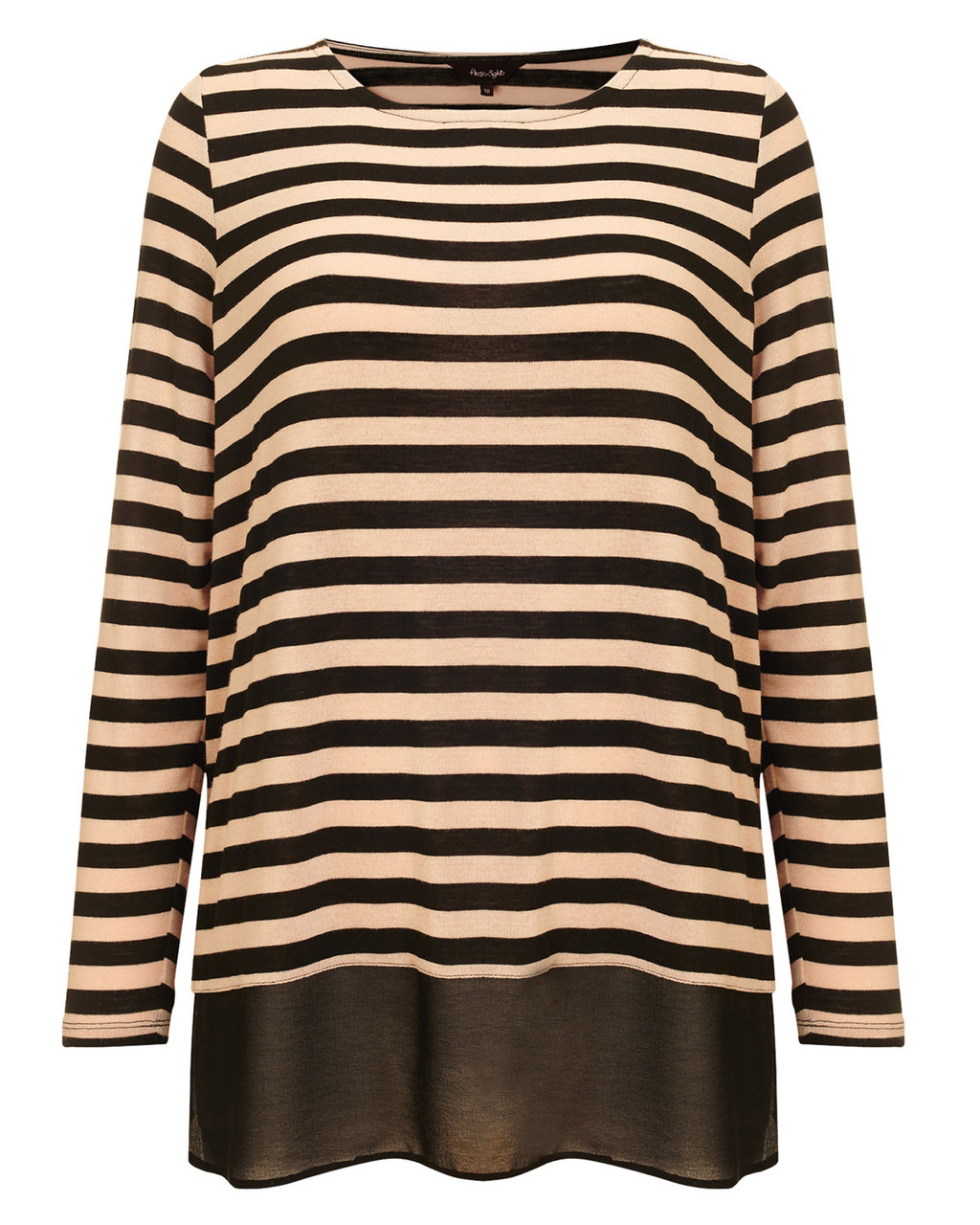 Sandie Stripe Top - neckline: round neck; pattern: horizontal stripes; length: below the bottom; style: t-shirt; secondary colour: chocolate brown; predominant colour: stone; occasions: casual, creative work; fibres: polyester/polyamide - stretch; fit: loose; sleeve length: long sleeve; sleeve style: standard; pattern type: fabric; pattern size: light/subtle; texture group: jersey - stretchy/drapey; season: a/w 2015