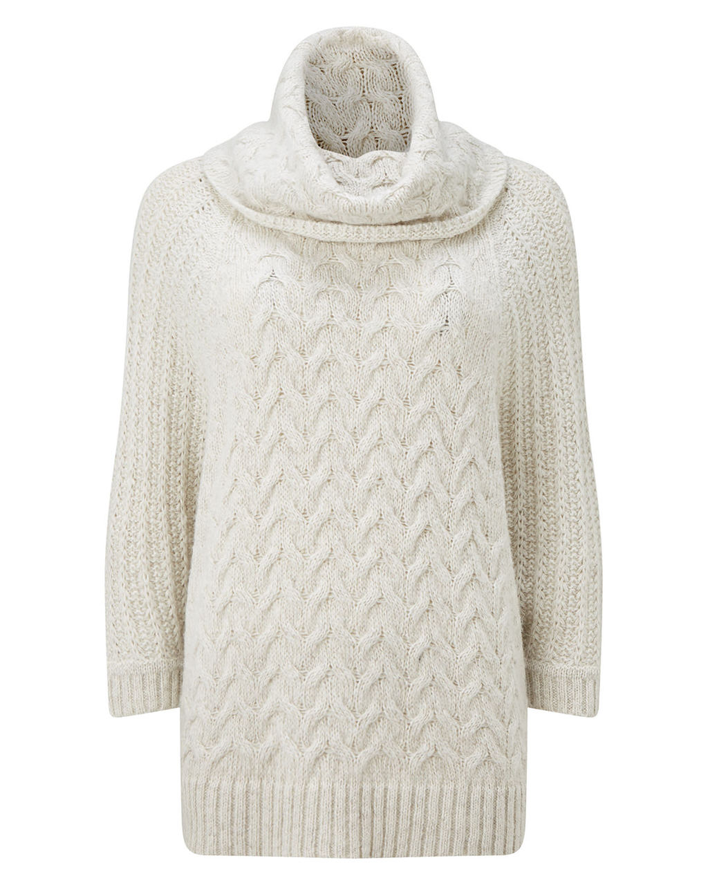 Marina Cable Batwing Knit - sleeve style: dolman/batwing; neckline: wide roll/funnel neck; length: below the bottom; style: standard; pattern: cable knit; predominant colour: ivory/cream; occasions: casual, creative work; fibres: acrylic - mix; fit: loose; sleeve length: long sleeve; texture group: knits/crochet; pattern type: knitted - big stitch; pattern size: standard; season: a/w 2015