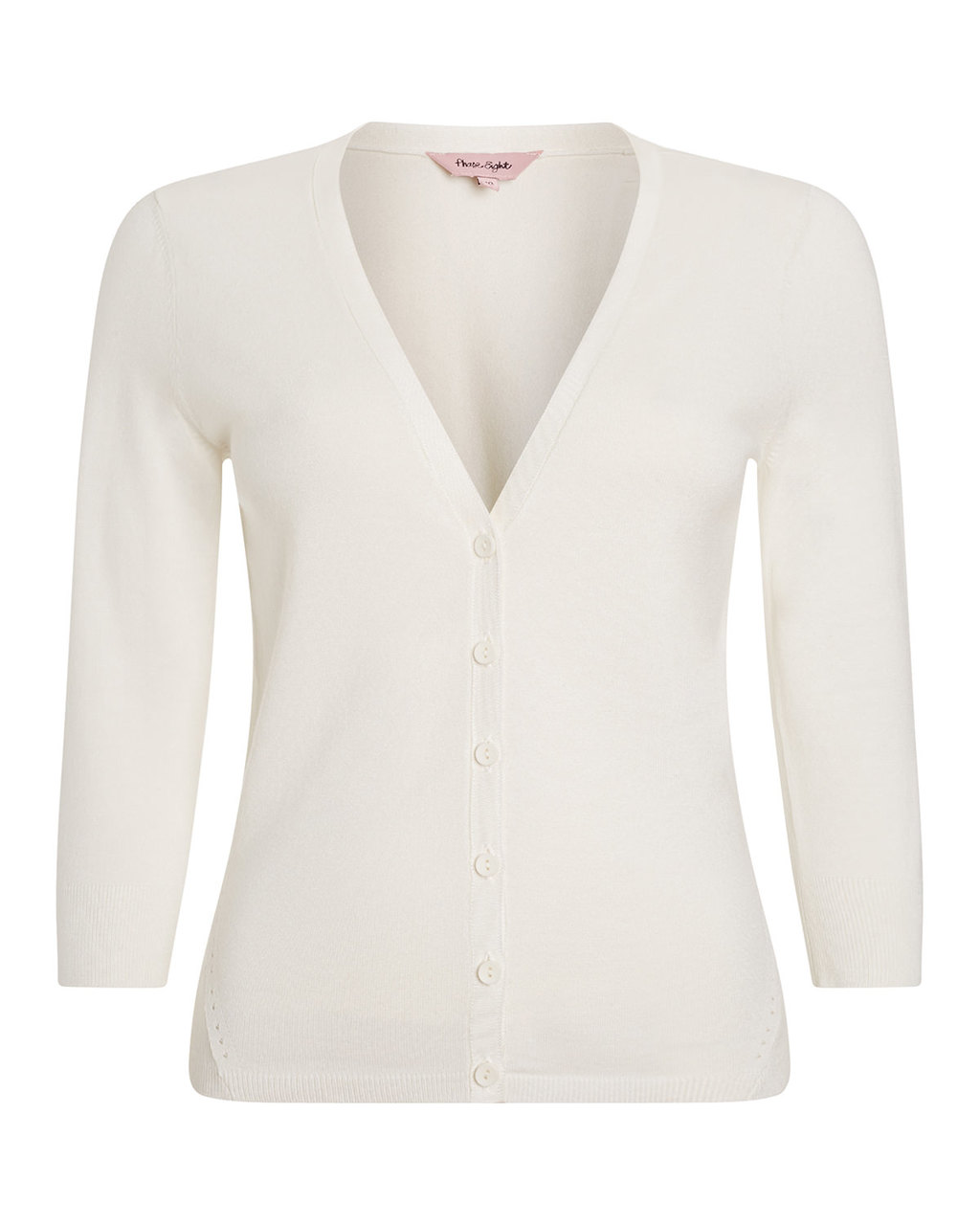 Elin Cardi - neckline: v-neck; pattern: plain; predominant colour: ivory/cream; occasions: casual, creative work; length: standard; style: standard; fibres: cotton - mix; fit: slim fit; sleeve length: 3/4 length; sleeve style: standard; texture group: knits/crochet; pattern type: knitted - fine stitch; season: a/w 2015