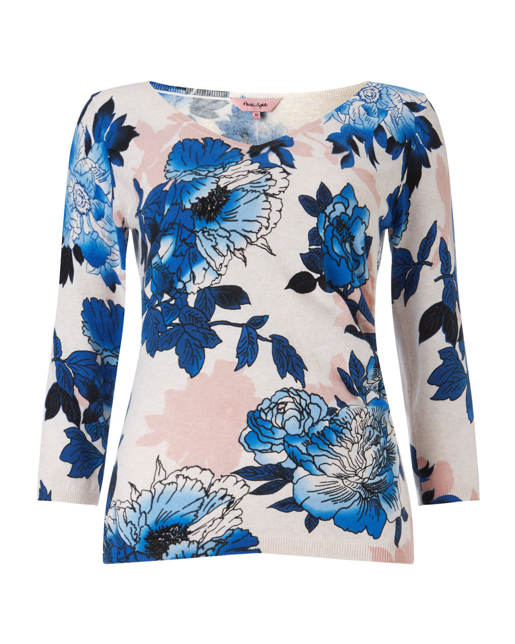 Emerson Print Knit Top - neckline: v-neck; predominant colour: diva blue; secondary colour: nude; occasions: casual; length: standard; style: top; fibres: cotton - 100%; fit: body skimming; sleeve length: 3/4 length; sleeve style: standard; texture group: knits/crochet; pattern type: knitted - fine stitch; pattern: florals; pattern size: big & busy (top); season: a/w 2015