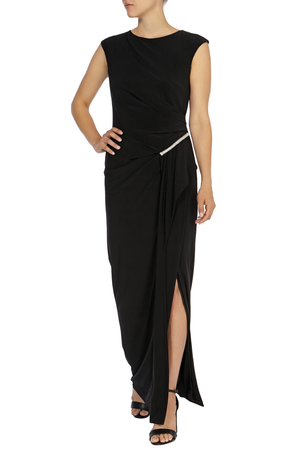 Graciella Jersey Maxi Dress - pattern: plain; sleeve style: sleeveless; style: maxi dress; length: ankle length; waist detail: twist front waist detail/nipped in at waist on one side/soft pleats/draping/ruching/gathering waist detail; predominant colour: black; fit: body skimming; fibres: polyester/polyamide - stretch; occasions: occasion; neckline: crew; sleeve length: sleeveless; pattern type: fabric; texture group: jersey - stretchy/drapey; embellishment: crystals/glass; season: a/w 2015