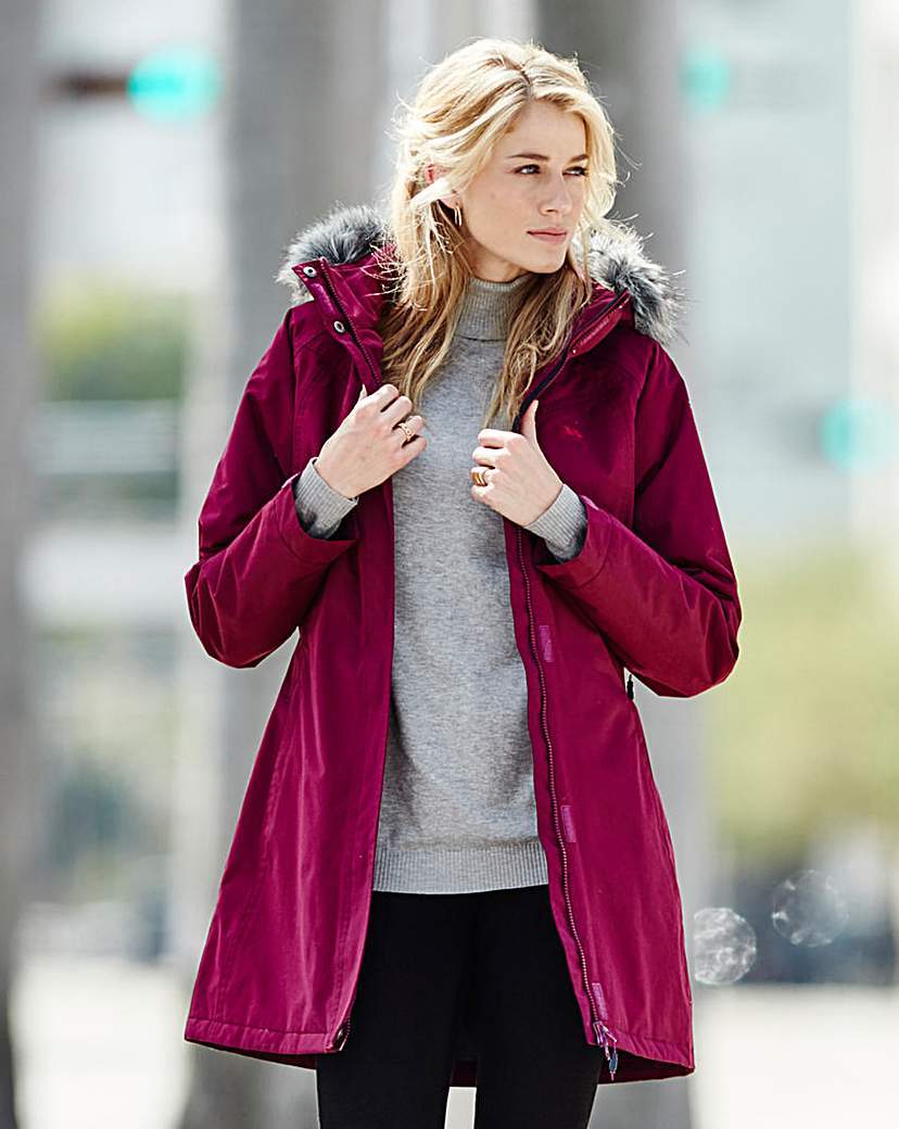 Parka - pattern: plain; style: parka; collar: high neck; length: mid thigh; predominant colour: magenta; occasions: casual; fit: straight cut (boxy); sleeve length: long sleeve; sleeve style: standard; texture group: technical outdoor fabrics; collar break: high; pattern type: fabric; season: a/w 2015