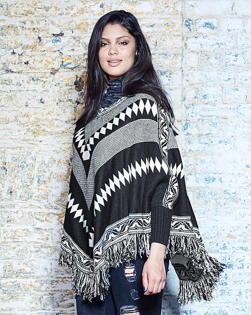 Aztec Poncho - length: below the bottom; collar: round collar/collarless; fit: loose; style: poncho/blanket; predominant colour: navy; secondary colour: light grey; occasions: casual; fibres: acrylic - mix; sleeve length: long sleeve; sleeve style: standard; texture group: knits/crochet; collar break: medium; pattern type: knitted - fine stitch; pattern: patterned/print; pattern size: big & busy (top); season: a/w 2015