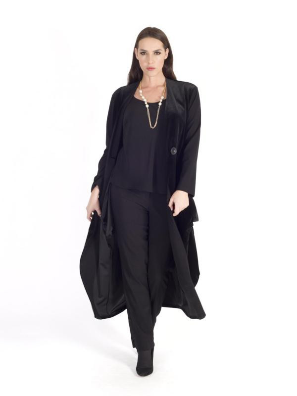 Black Jersey Trim Velvet Drape Coat - pattern: plain; collar: round collar/collarless; fit: loose; style: single breasted; length: calf length; predominant colour: black; occasions: evening; fibres: polyester/polyamide - mix; sleeve length: long sleeve; sleeve style: standard; collar break: low/open; pattern type: fabric; texture group: velvet/fabrics with pile; season: a/w 2015