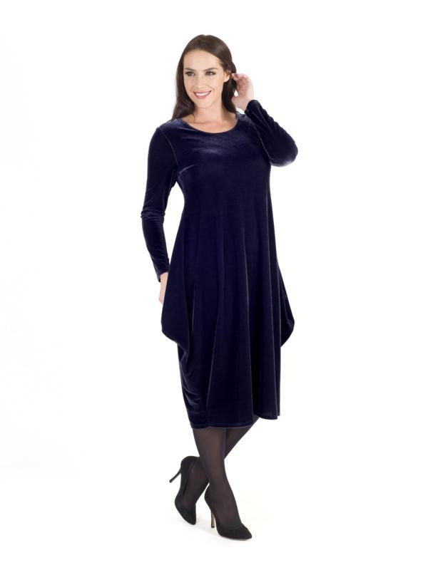 Midnight Velvet Drape Dress - style: shift; length: below the knee; neckline: round neck; fit: empire; pattern: plain; predominant colour: navy; fibres: polyester/polyamide - stretch; occasions: occasion; hip detail: soft pleats at hip/draping at hip/flared at hip; sleeve length: long sleeve; sleeve style: standard; pattern type: fabric; texture group: velvet/fabrics with pile; season: a/w 2015