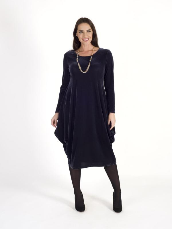 Steel Grey Velvet Drape Dress - length: below the knee; neckline: round neck; pattern: plain; style: tulip; predominant colour: navy; occasions: evening; fit: body skimming; fibres: polyester/polyamide - stretch; hip detail: soft pleats at hip/draping at hip/flared at hip; sleeve length: long sleeve; sleeve style: standard; pattern type: fabric; texture group: velvet/fabrics with pile; season: a/w 2015