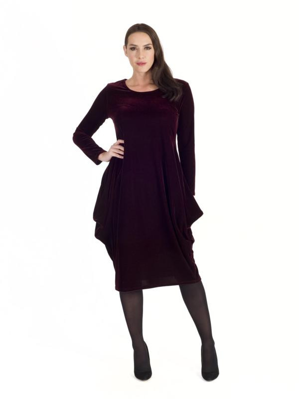 Wine Velvet Drape Dress - style: shift; length: below the knee; neckline: round neck; pattern: plain; predominant colour: burgundy; fit: body skimming; fibres: polyester/polyamide - 100%; occasions: occasion; hip detail: soft pleats at hip/draping at hip/flared at hip; sleeve length: long sleeve; sleeve style: standard; pattern type: fabric; texture group: velvet/fabrics with pile; season: a/w 2015