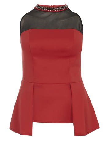 Womens **Dp Curve Red Embellished Peplum Top Red - sleeve style: sleeveless; neckline: high neck; length: below the bottom; waist detail: peplum waist detail; secondary colour: black; occasions: evening; style: top; fibres: polyester/polyamide - mix; fit: tailored/fitted; sleeve length: sleeveless; pattern type: fabric; pattern size: standard; pattern: colourblock; texture group: jersey - stretchy/drapey; embellishment: jewels/stone; predominant colour: raspberry; season: a/w 2015