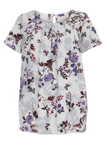 Womens **Billie & Blossom Curve Grey Butterfly Shell Top Grey - neckline: round neck; bust detail: ruching/gathering/draping/layers/pintuck pleats at bust; predominant colour: light grey; occasions: casual, creative work; length: standard; style: top; fibres: polyester/polyamide - stretch; fit: body skimming; sleeve length: short sleeve; sleeve style: standard; pattern type: fabric; pattern: florals; texture group: jersey - stretchy/drapey; pattern size: big & busy (top); multicoloured: multicoloured; season: a/w 2015