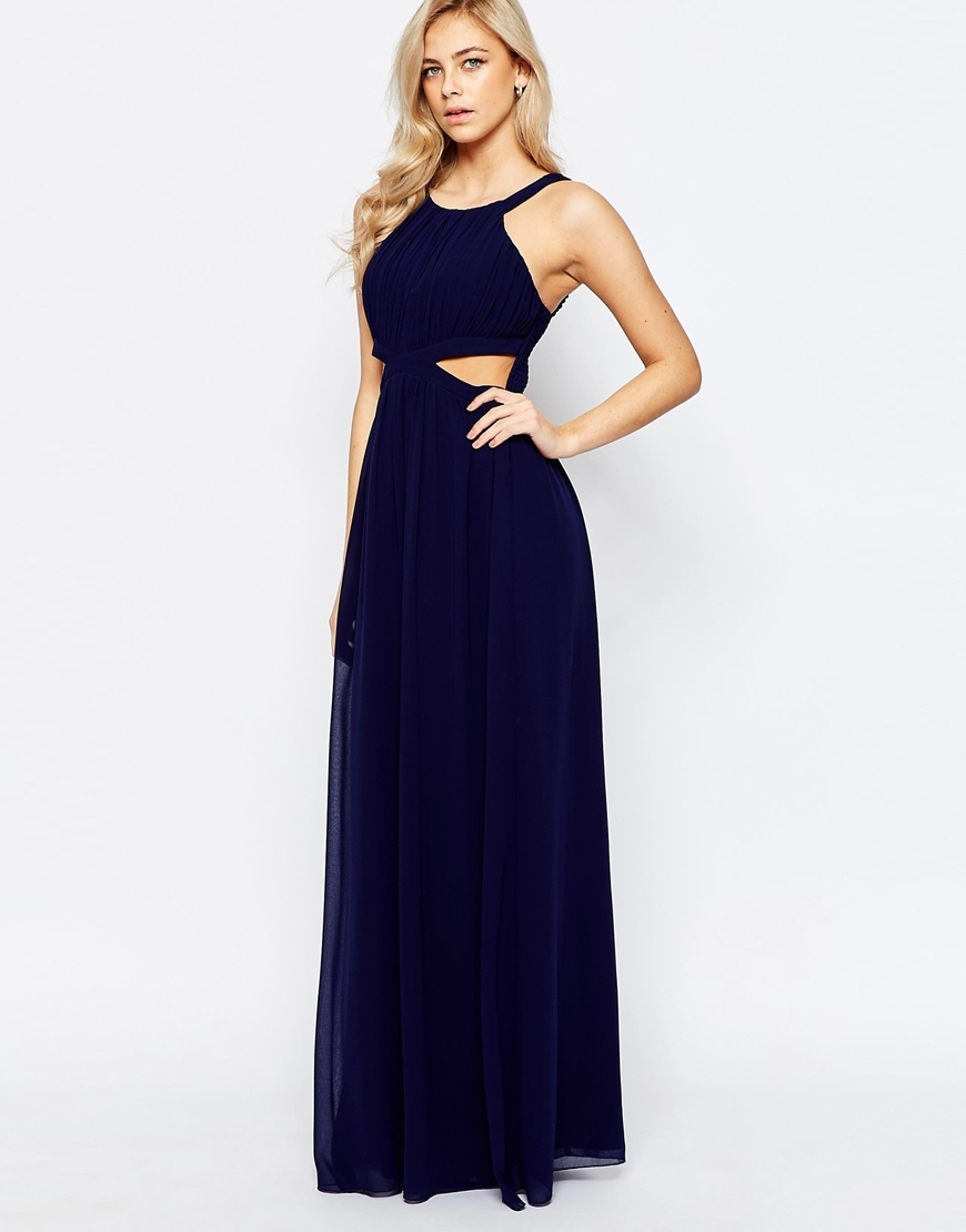 Chiffon Maxi Dress With Cut Outs Navy - neckline: round neck; sleeve style: standard vest straps/shoulder straps; pattern: plain; style: maxi dress; predominant colour: navy; occasions: evening, occasion; length: floor length; fit: fitted at waist & bust; fibres: polyester/polyamide - 100%; hip detail: slits at hip; waist detail: cut out detail; sleeve length: sleeveless; texture group: sheer fabrics/chiffon/organza etc.; pattern type: fabric; season: a/w 2015