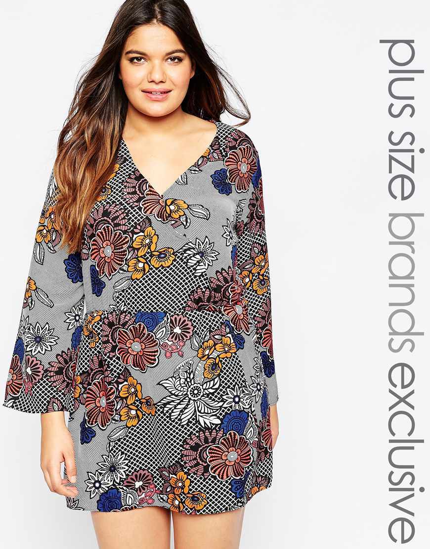 Wrap Front Floral Skater Dress Multi - style: shift; length: mini; neckline: v-neck; secondary colour: yellow; predominant colour: mid grey; occasions: evening, creative work; fit: soft a-line; sleeve length: long sleeve; sleeve style: standard; texture group: crepes; pattern: florals; season: a/w 2015