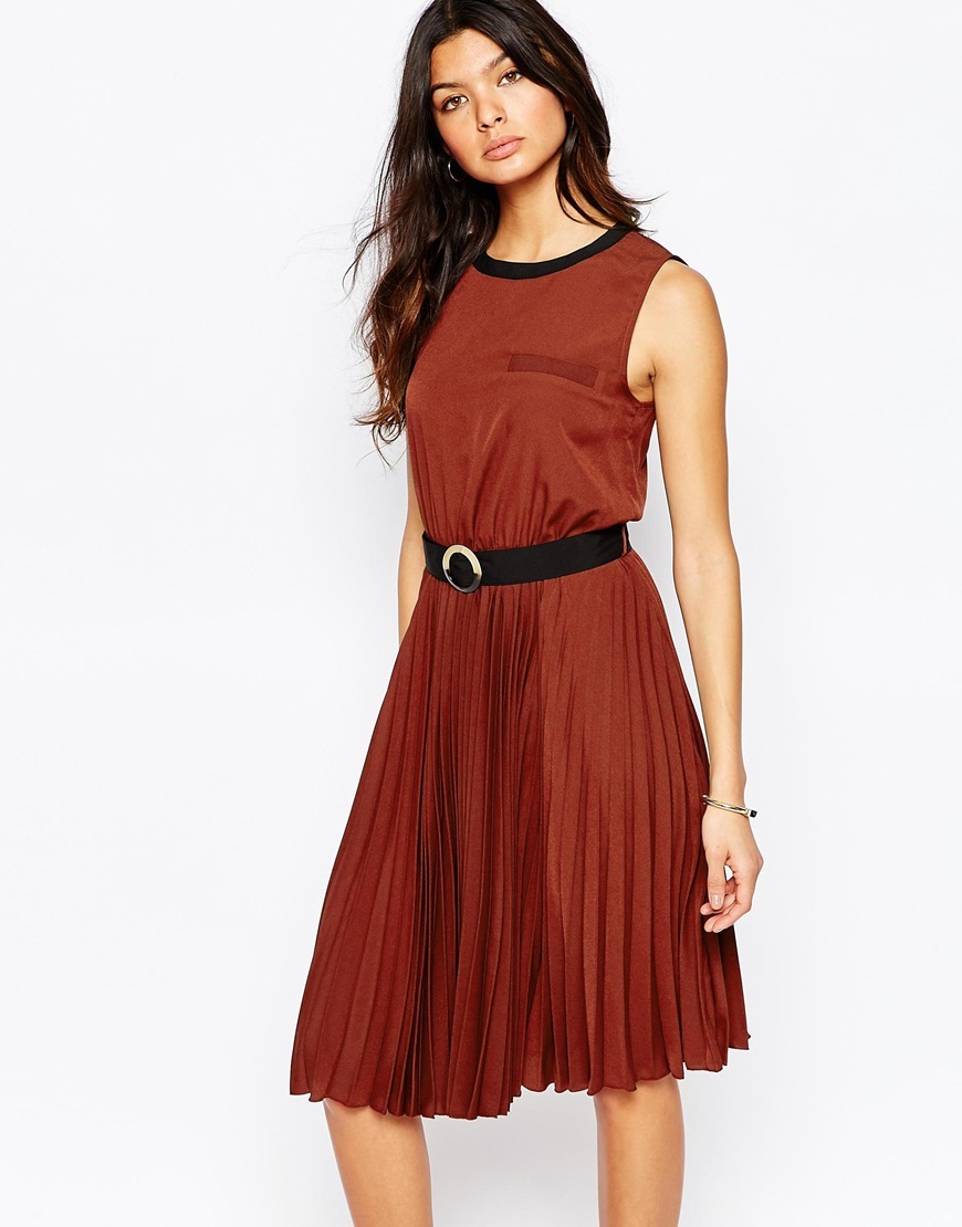 Pleated Midi Dress Tan - neckline: round neck; pattern: plain; sleeve style: sleeveless; length: on the knee; fit: fitted at waist & bust; style: fit & flare; occasions: occasion; sleeve length: sleeveless; pattern type: fabric; texture group: other - light to midweight; predominant colour: raspberry; season: a/w 2015