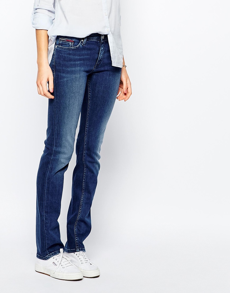 Mid Rise Straight Suzzy Jean Mid Blue - style: straight leg; length: standard; pattern: plain; waist: low rise; pocket detail: traditional 5 pocket; predominant colour: navy; occasions: casual; fibres: cotton - stretch; texture group: denim; pattern type: fabric; season: a/w 2015