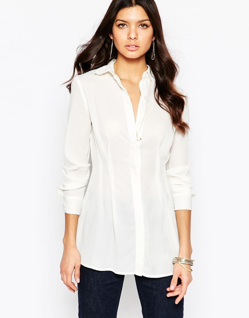 Pleat Detail Shirt In Crepe Ivory - neckline: shirt collar/peter pan/zip with opening; pattern: plain; length: below the bottom; style: shirt; predominant colour: ivory/cream; occasions: work; fibres: cotton - 100%; fit: loose; sleeve length: long sleeve; sleeve style: standard; texture group: crepes; pattern type: fabric; season: a/w 2015