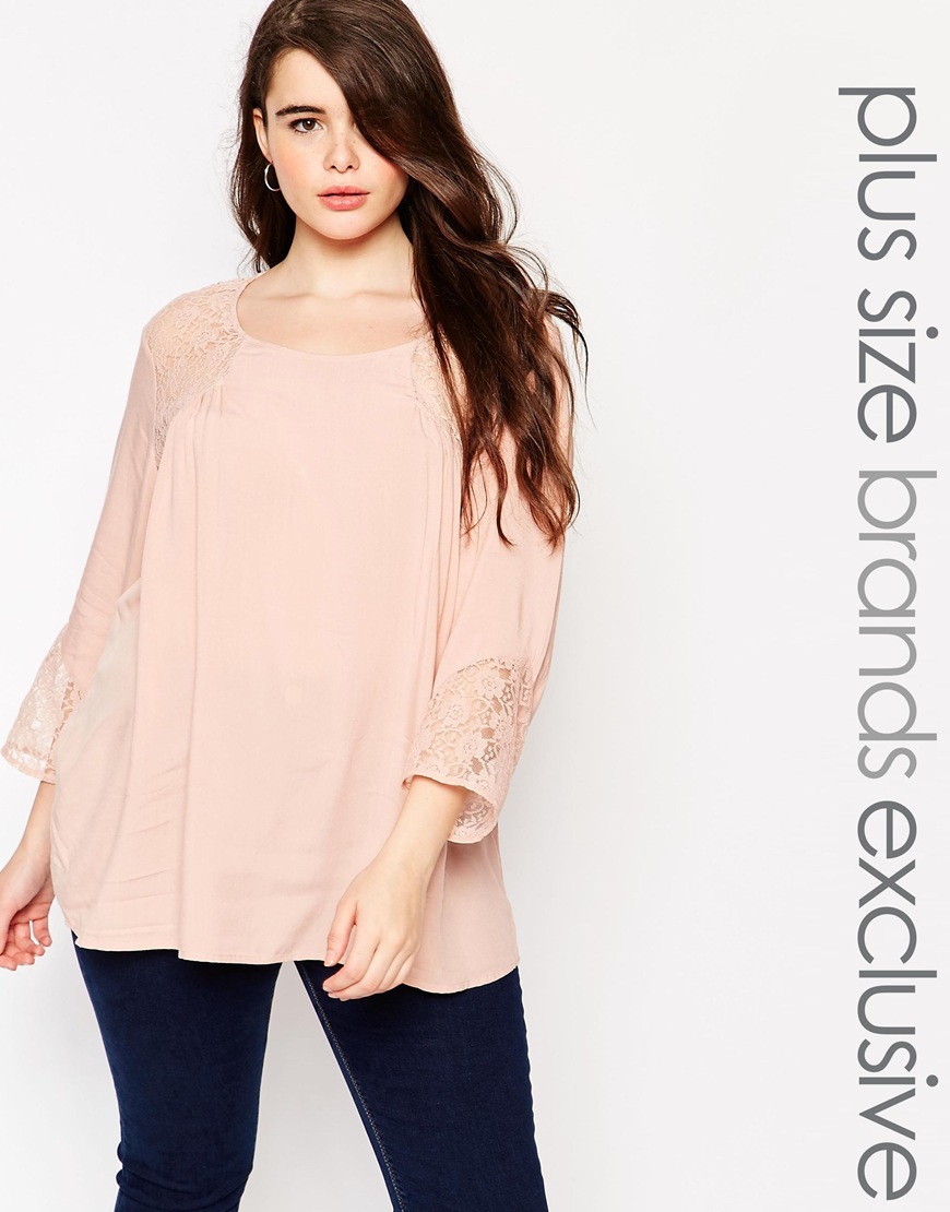 Lace Insert Blouse Pink - neckline: round neck; pattern: plain; length: below the bottom; style: blouse; predominant colour: blush; occasions: casual; fibres: polyester/polyamide - 100%; fit: loose; sleeve length: 3/4 length; sleeve style: standard; pattern type: fabric; texture group: other - light to midweight; embellishment: lace; shoulder detail: sheer at shoulder; season: a/w 2015
