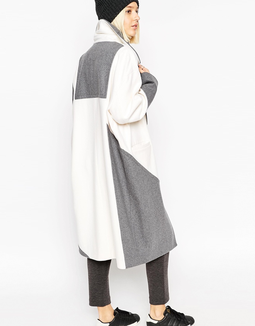 Colour Block Ovoid Coat In Heavy Wool Grey/Cream - fit: loose; style: single breasted; collar: standard lapel/rever collar; length: calf length; secondary colour: ivory/cream; predominant colour: mid grey; occasions: casual; sleeve length: long sleeve; sleeve style: standard; collar break: medium; pattern type: fabric; pattern: colourblock; texture group: woven bulky/heavy; multicoloured: multicoloured; season: a/w 2015
