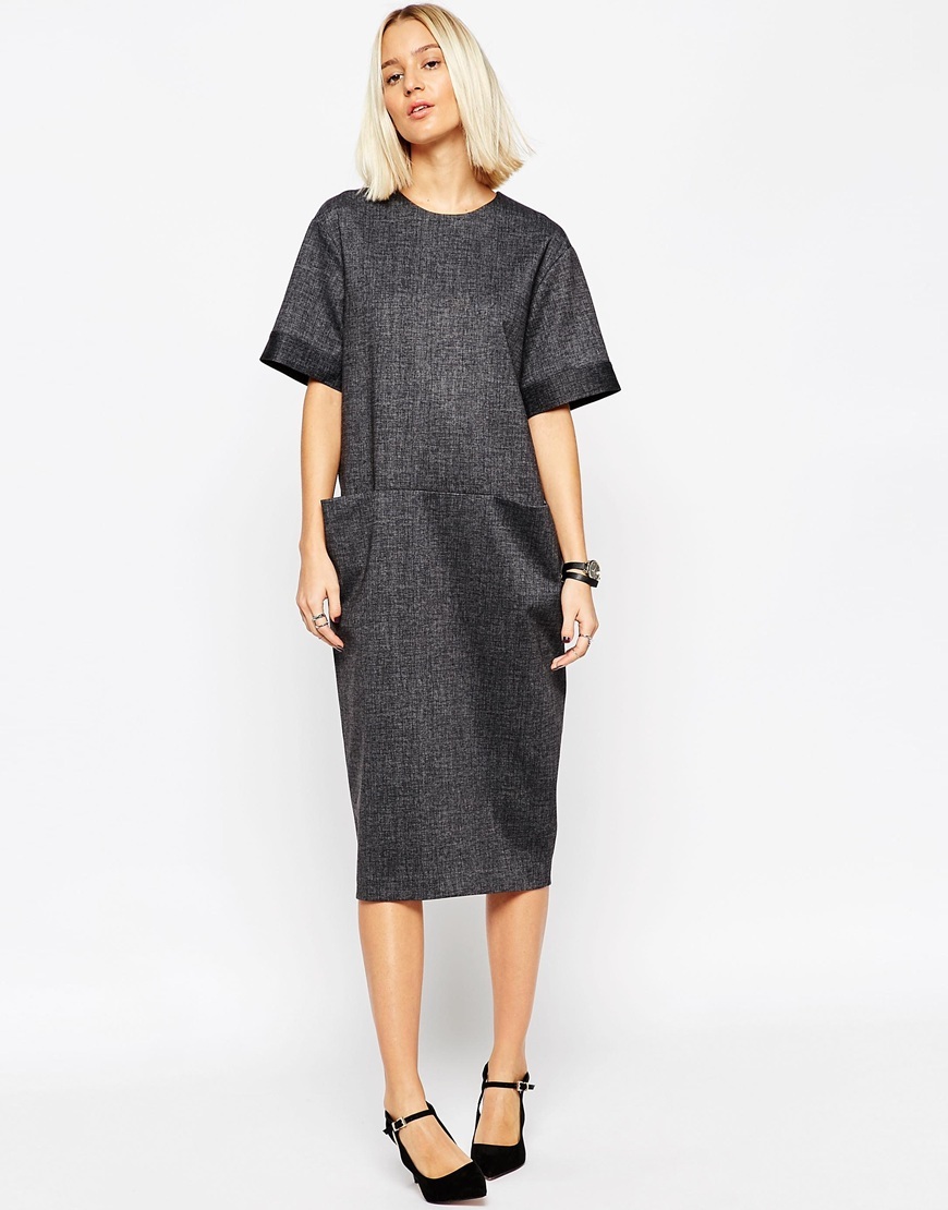Tailored Midi Dress With Pocket Detail Grey - style: shift; length: below the knee; pattern: plain; predominant colour: charcoal; fit: straight cut; neckline: crew; sleeve length: half sleeve; sleeve style: standard; pattern type: fabric; texture group: other - light to midweight; occasions: creative work; season: a/w 2015
