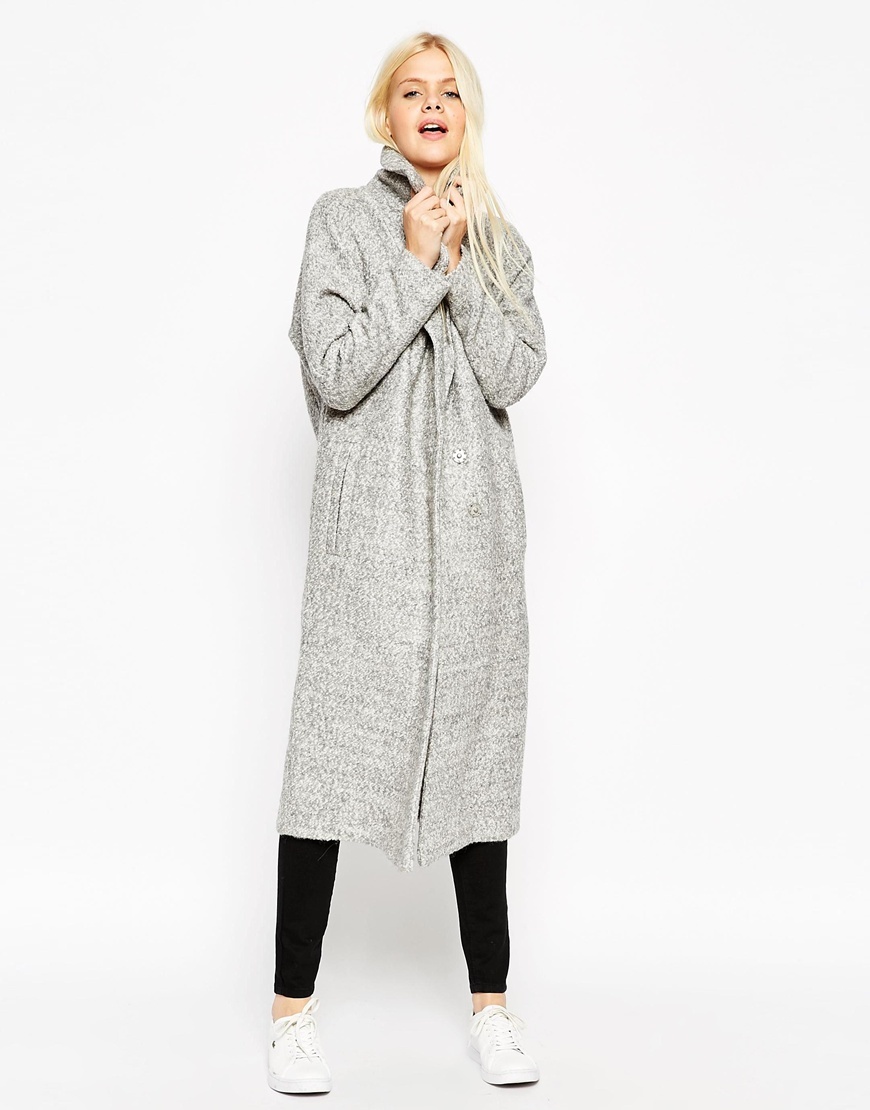 Coat With Batwing Sleeve In Midi Length Grey Marl - collar: funnel; style: single breasted; predominant colour: light grey; occasions: casual, creative work; fit: straight cut (boxy); fibres: wool - mix; length: below the knee; sleeve length: long sleeve; sleeve style: standard; collar break: high; pattern type: fabric; texture group: woven bulky/heavy; pattern: marl; season: a/w 2015
