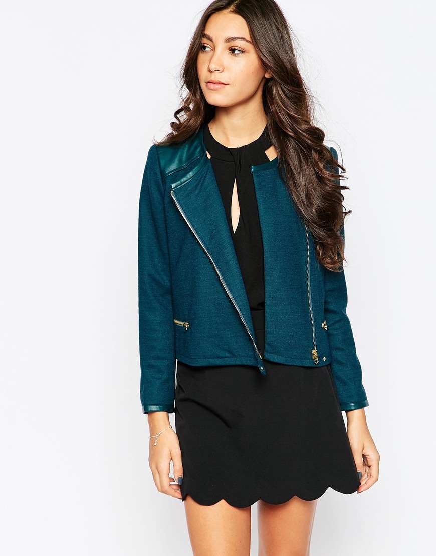 Zip It Jacket With Pu Trim Lake - pattern: plain; style: biker; collar: asymmetric biker; fit: slim fit; predominant colour: teal; occasions: casual, evening, creative work; length: standard; fibres: polyester/polyamide - mix; sleeve length: long sleeve; sleeve style: standard; texture group: leather; collar break: medium; pattern type: fabric; season: a/w 2015