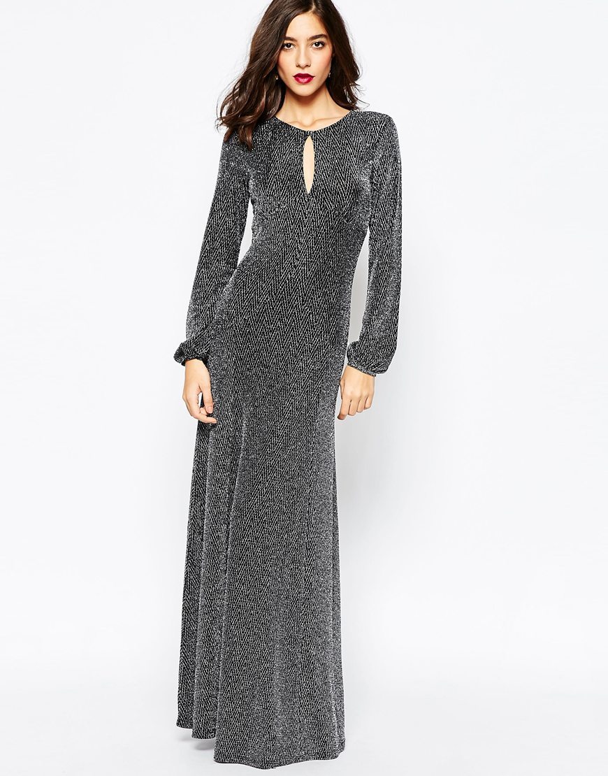 70 S Metallic Statement Maxi Dress Silver - pattern: plain; style: maxi dress; length: floor length; fit: body skimming; neckline: peep hole neckline; occasions: occasion; sleeve length: long sleeve; sleeve style: standard; pattern type: fabric; texture group: jersey - stretchy/drapey; predominant colour: pewter; season: a/w 2015