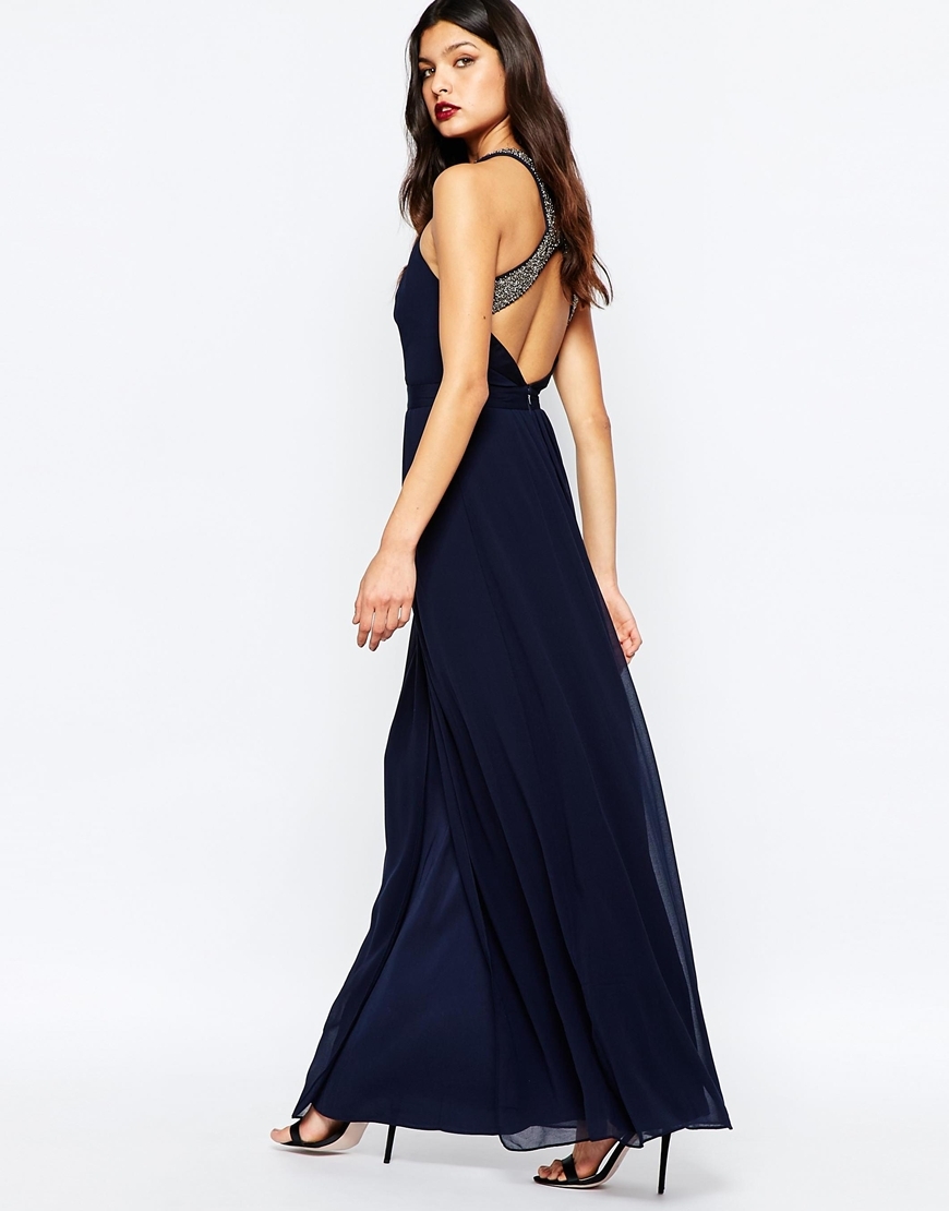 Embellished Cross Back Maxi Dress Navy - sleeve style: sleeveless; style: maxi dress; neckline: low halter neck; predominant colour: navy; length: floor length; fit: fitted at waist & bust; occasions: occasion; back detail: crossover; sleeve length: sleeveless; texture group: sheer fabrics/chiffon/organza etc.; pattern type: fabric; pattern: patterned/print; embellishment: beading; season: a/w 2015