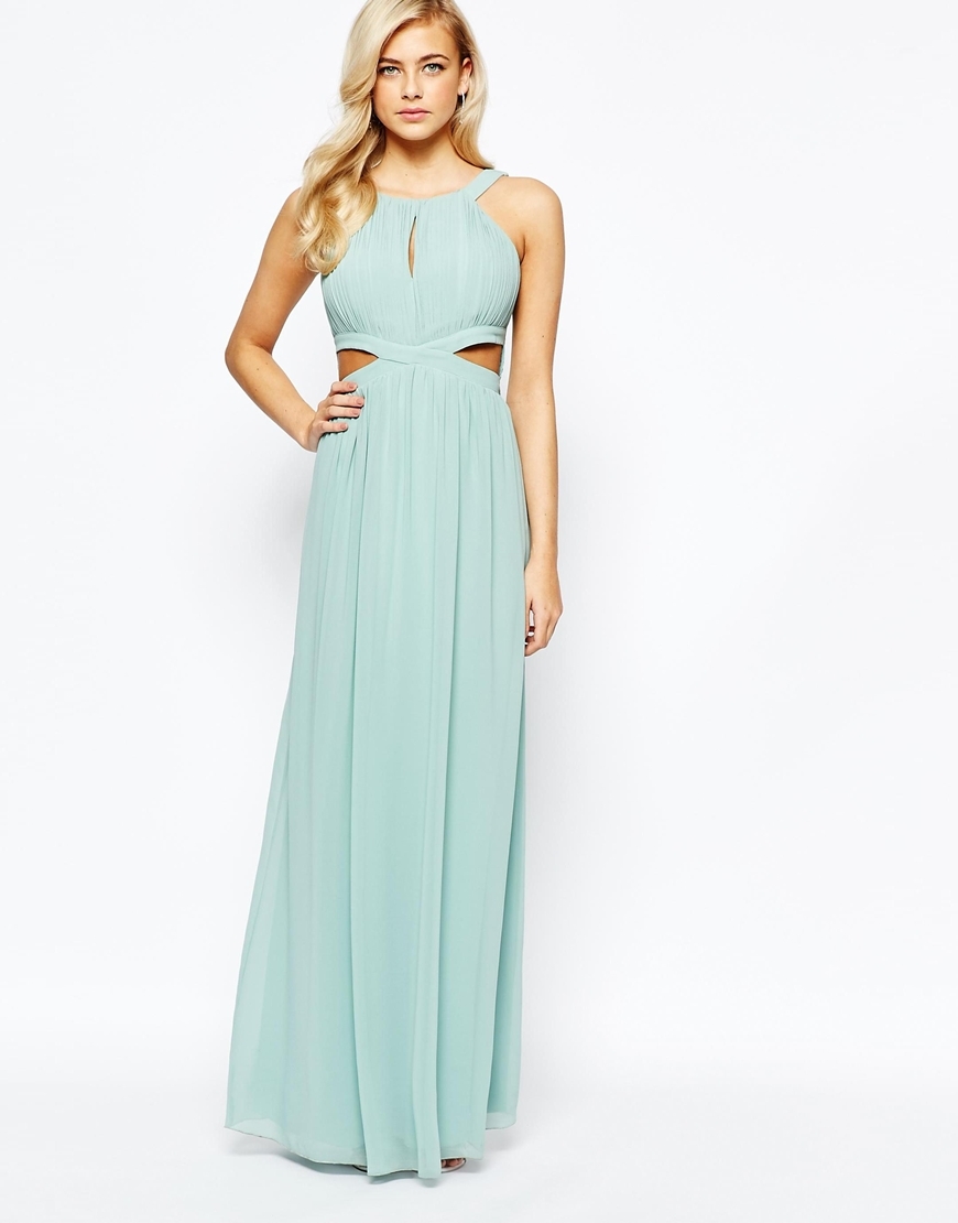 Chiffon Maxi Dress With Cut Outs Sage Green - pattern: plain; sleeve style: sleeveless; style: maxi dress; neckline: low halter neck; predominant colour: pistachio; length: floor length; fit: fitted at waist & bust; fibres: polyester/polyamide - 100%; occasions: occasion; sleeve length: sleeveless; texture group: sheer fabrics/chiffon/organza etc.; pattern type: fabric; season: a/w 2015