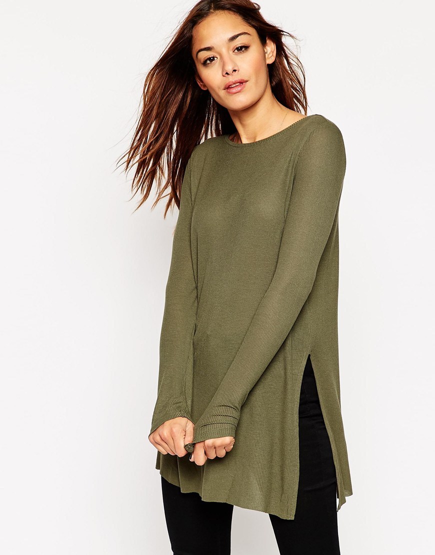 Longline Top With Side Splits And Long Sleeves Khaki - neckline: round neck; pattern: plain; style: tunic; predominant colour: khaki; occasions: casual, creative work; fibres: viscose/rayon - 100%; fit: body skimming; length: mid thigh; hip detail: slits at hip; sleeve length: long sleeve; sleeve style: standard; texture group: knits/crochet; pattern type: knitted - fine stitch; season: a/w 2015