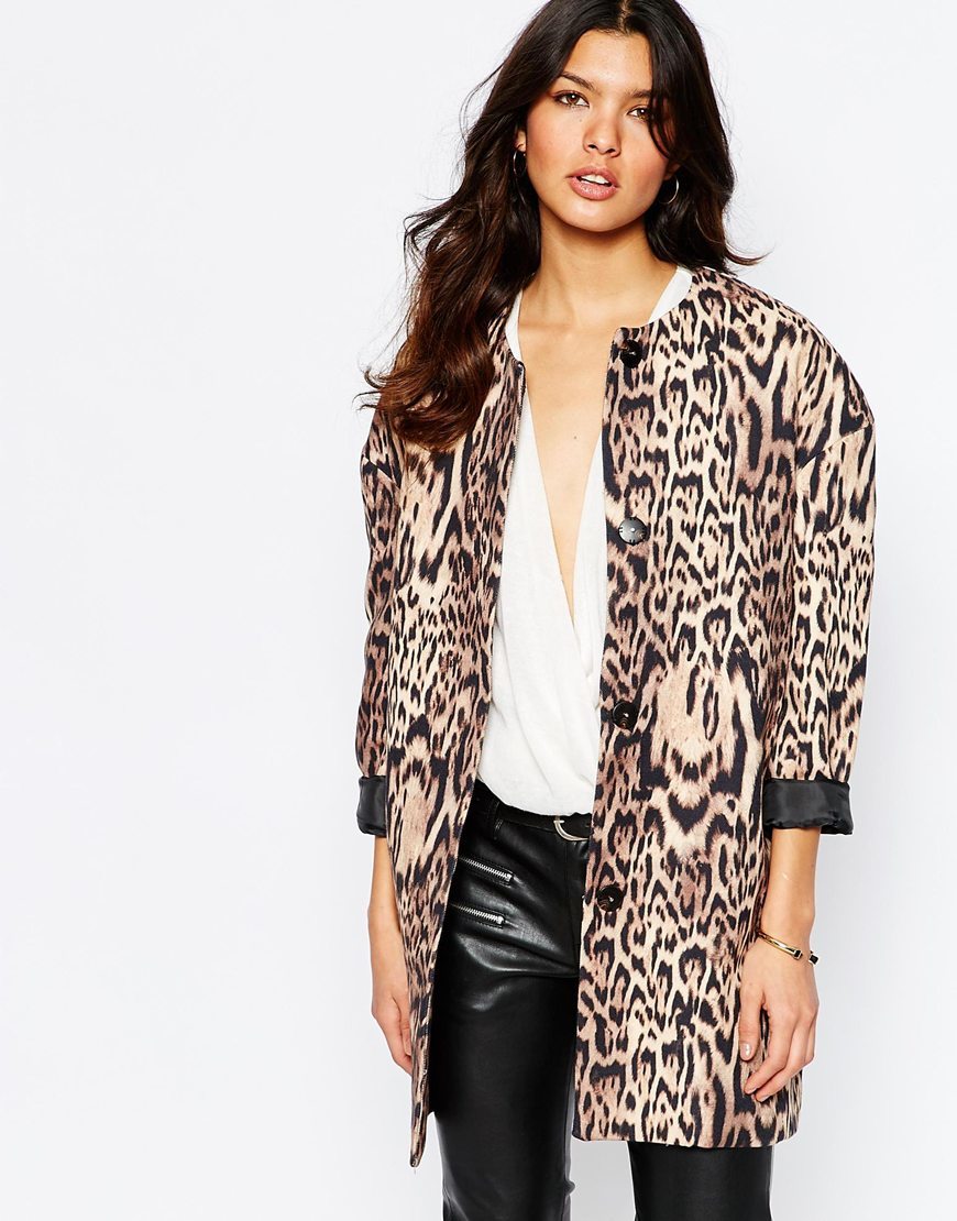 Leopard Print Over Coat Multi - collar: round collar/collarless; style: single breasted; length: mid thigh; secondary colour: chocolate brown; predominant colour: black; occasions: casual, evening, creative work; fit: tailored/fitted; fibres: cotton - mix; sleeve length: long sleeve; sleeve style: standard; collar break: high; pattern type: fabric; pattern: animal print; texture group: woven light midweight; pattern size: big & busy (top); season: a/w 2015