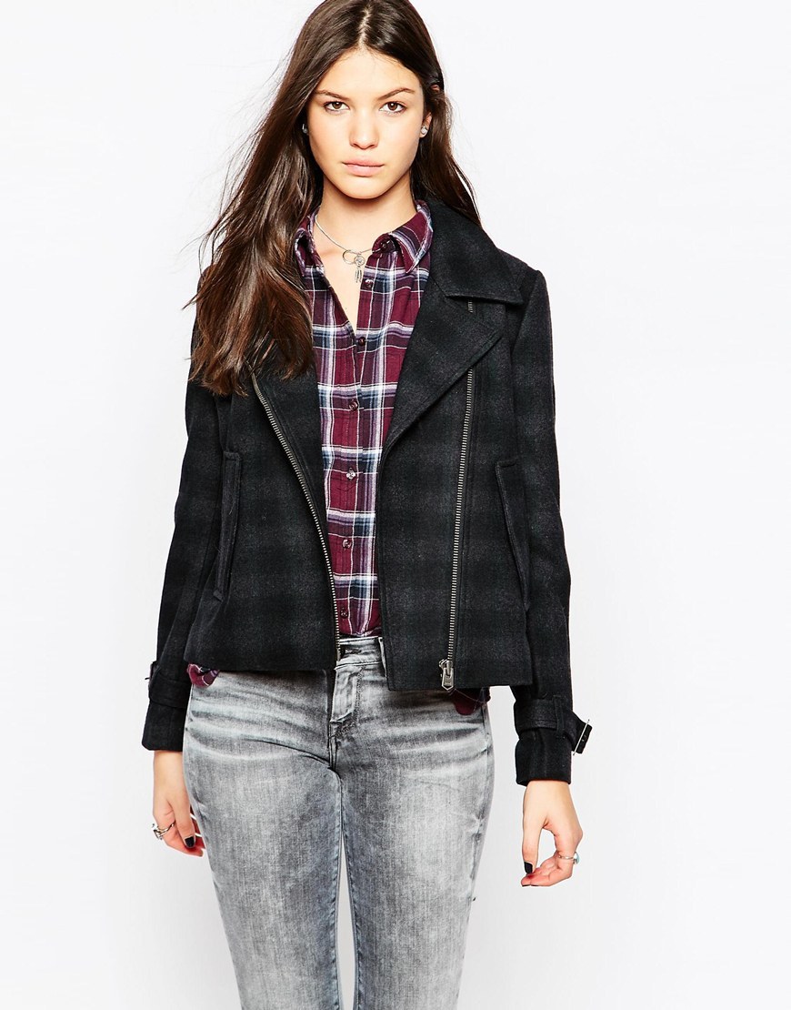 Penny Checked Biker Jacket 0aa - pattern: checked/gingham; style: biker; collar: asymmetric biker; predominant colour: dark green; secondary colour: charcoal; occasions: casual, creative work; length: standard; fit: straight cut (boxy); fibres: wool - mix; sleeve length: long sleeve; sleeve style: standard; collar break: medium; pattern type: fabric; pattern size: standard; texture group: woven light midweight; season: a/w 2015