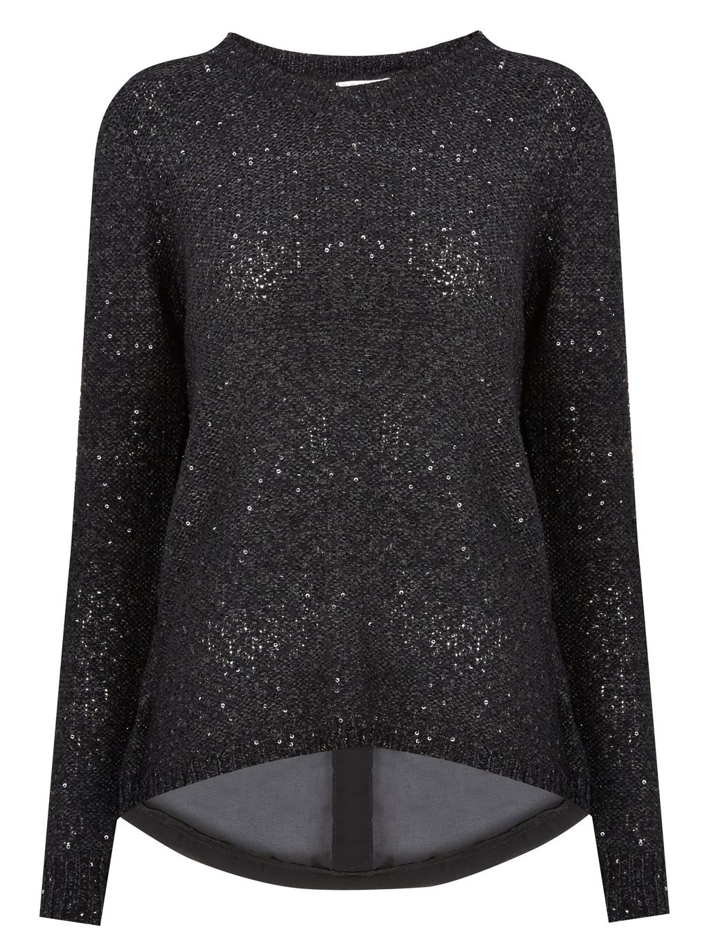 Sequin Jumper, Black - pattern: plain; style: standard; secondary colour: silver; predominant colour: black; occasions: casual, creative work; length: standard; fibres: cotton - mix; fit: standard fit; neckline: crew; back detail: longer hem at back than at front; sleeve length: long sleeve; sleeve style: standard; texture group: knits/crochet; pattern type: knitted - other; embellishment: sequins; season: a/w 2015