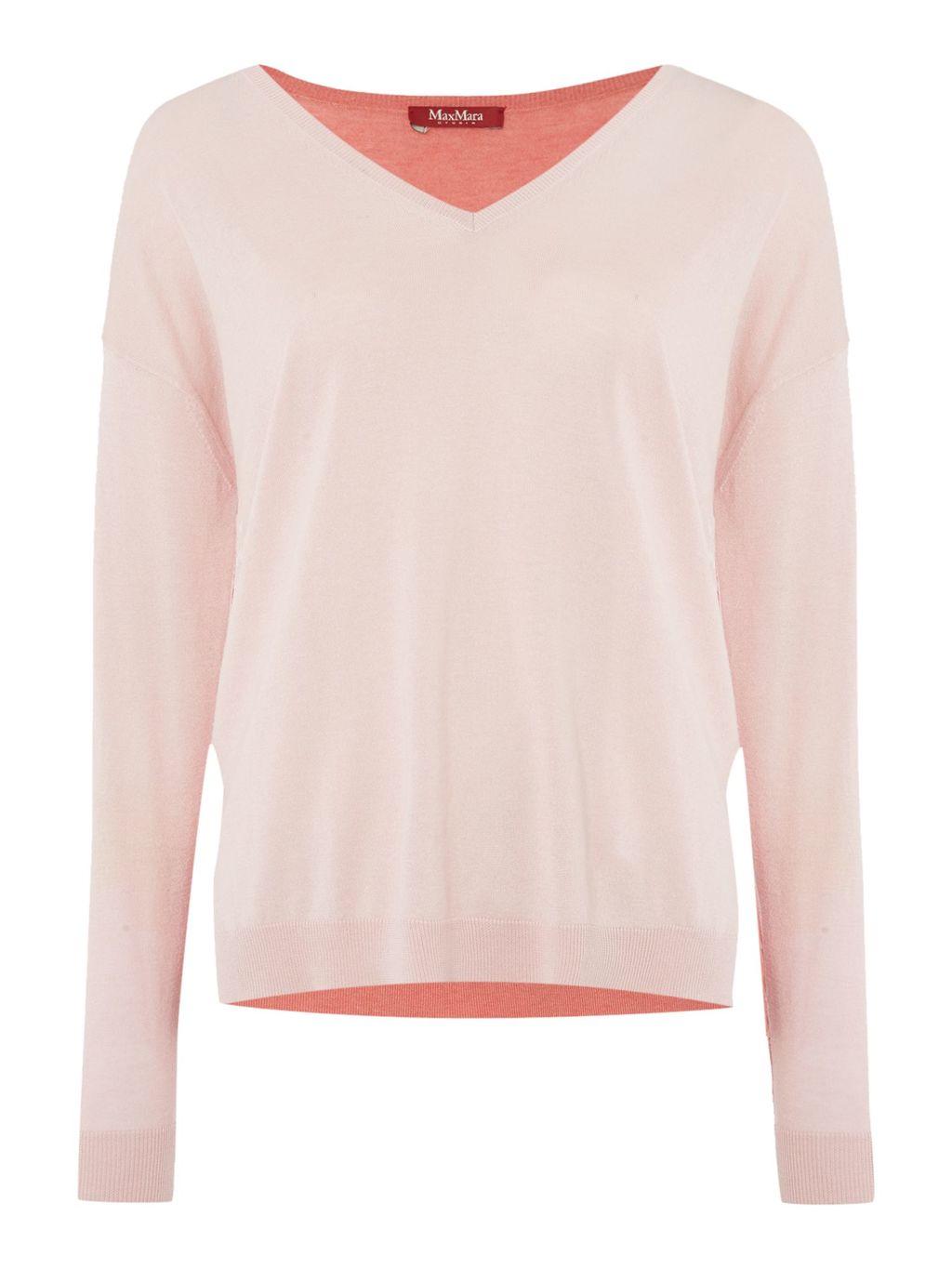 Tenuta Contrasting Colour V Neck Silk Mix Jumper, Pink - neckline: v-neck; pattern: plain; style: standard; predominant colour: blush; occasions: casual, creative work; length: standard; fibres: wool - mix; fit: standard fit; sleeve length: long sleeve; sleeve style: standard; texture group: knits/crochet; pattern type: knitted - fine stitch; season: a/w 2015