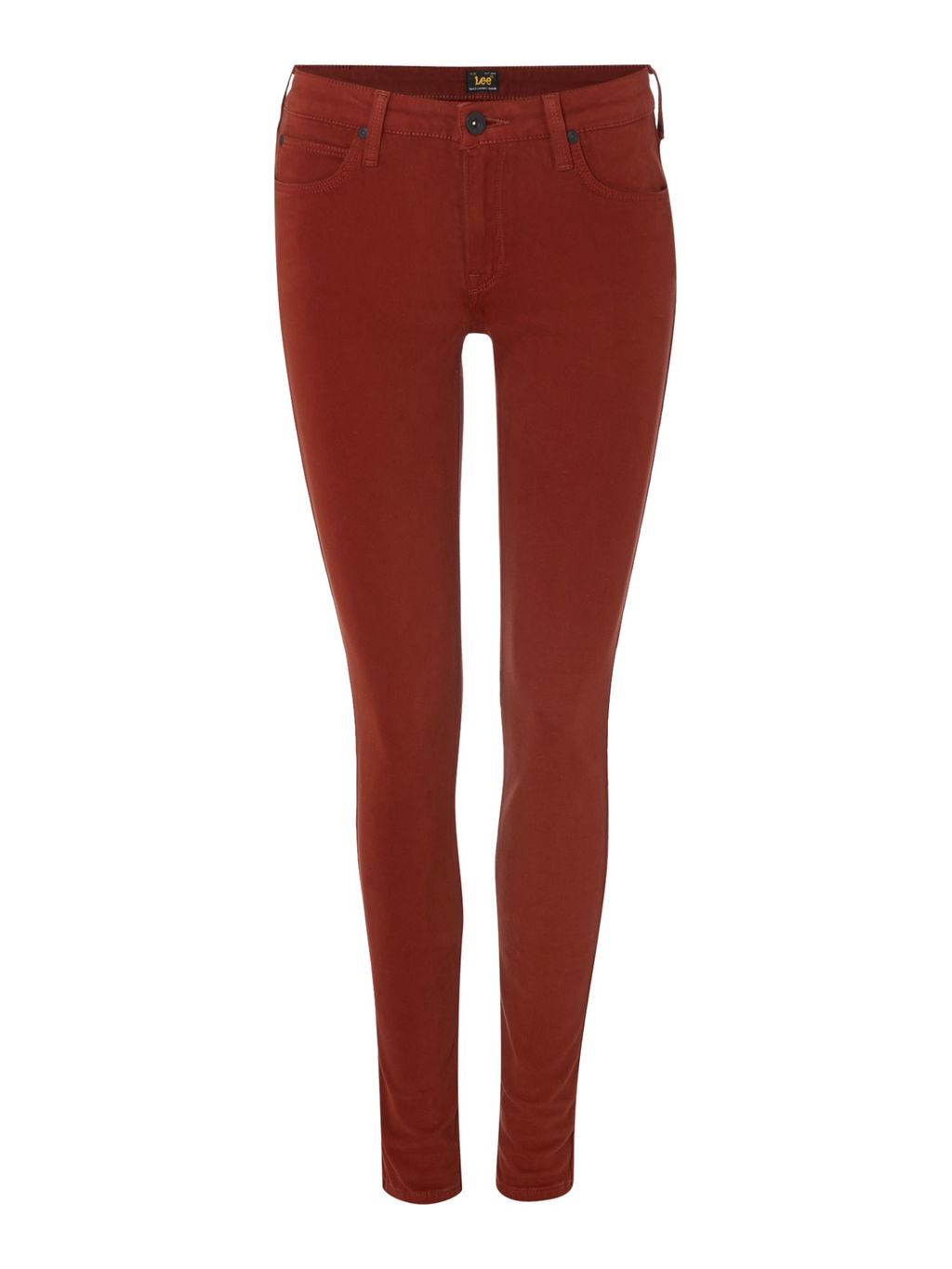 Scarlett Mid Rise Skinny Jean In Brick, Red - style: skinny leg; length: standard; pattern: plain; pocket detail: traditional 5 pocket; waist: mid/regular rise; predominant colour: terracotta; occasions: casual; fibres: cotton - stretch; texture group: denim; pattern type: fabric; season: a/w 2015; wardrobe: highlight