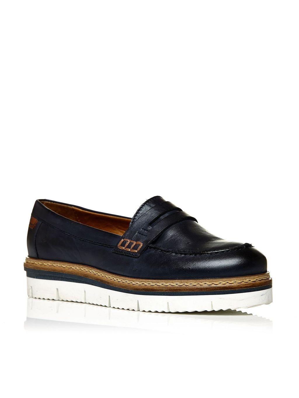 Edvige Flatform Loafers, Navy - secondary colour: camel; predominant colour: black; occasions: casual, creative work; material: leather; heel height: flat; toe: round toe; style: loafers; finish: plain; pattern: colourblock; shoe detail: moulded soul; season: a/w 2015