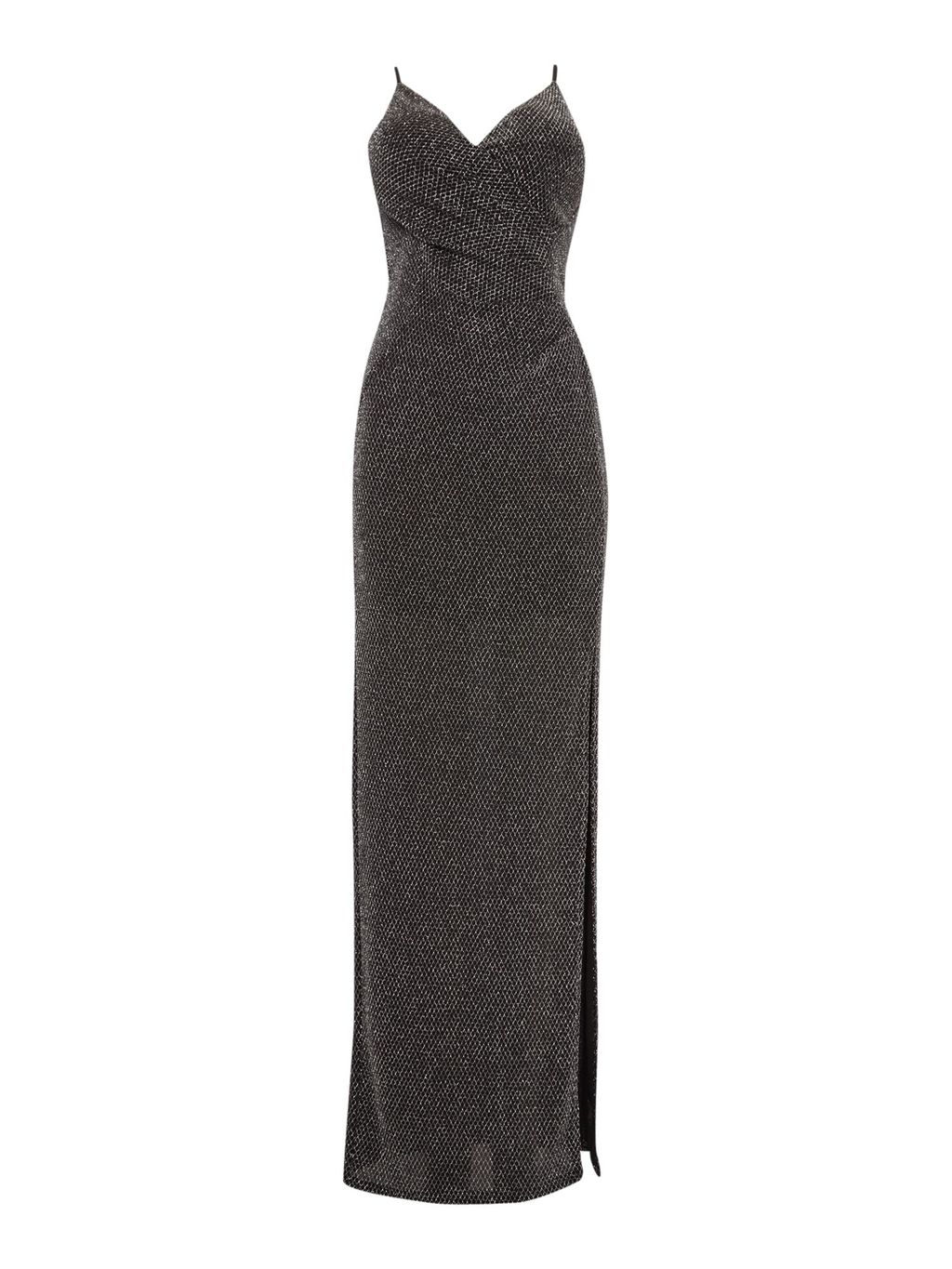 Sleeveless V Neck All Over Glitter Maxi Dress, Black Glitter - neckline: v-neck; sleeve style: spaghetti straps; pattern: plain; style: maxi dress; bust detail: ruching/gathering/draping/layers/pintuck pleats at bust; predominant colour: black; occasions: evening, occasion; length: floor length; fit: body skimming; fibres: polyester/polyamide - 100%; sleeve length: sleeveless; pattern type: fabric; texture group: jersey - stretchy/drapey; embellishment: glitter; season: a/w 2015