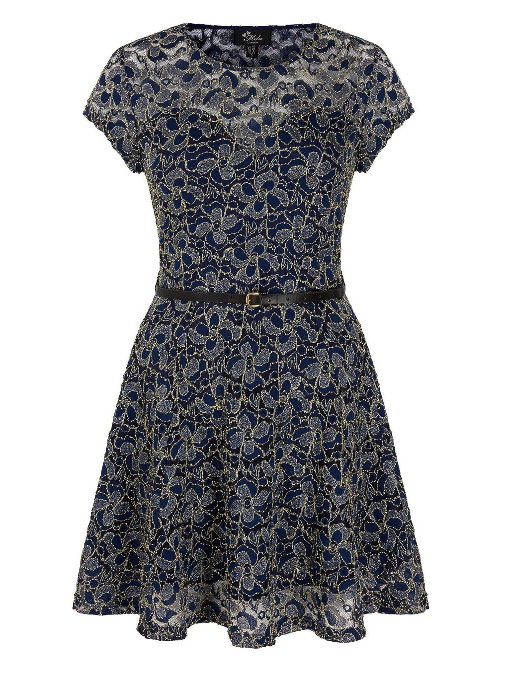 Crepe Midi Dress, Navy - sleeve style: capped; waist detail: belted waist/tie at waist/drawstring; predominant colour: navy; secondary colour: light grey; occasions: evening; length: just above the knee; fit: fitted at waist & bust; style: fit & flare; fibres: polyester/polyamide - stretch; neckline: crew; sleeve length: short sleeve; texture group: crepes; pattern type: fabric; pattern size: standard; pattern: patterned/print; season: a/w 2015