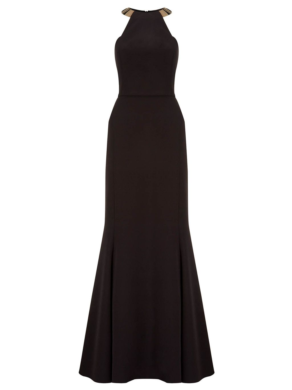 Bianca Gold Neck Trim Long Dress, Black - pattern: plain; sleeve style: sleeveless; style: maxi dress; neckline: low halter neck; predominant colour: black; length: floor length; fit: fitted at waist & bust; occasions: occasion; sleeve length: sleeveless; pattern type: fabric; texture group: other - light to midweight; embellishment: beading; season: a/w 2015
