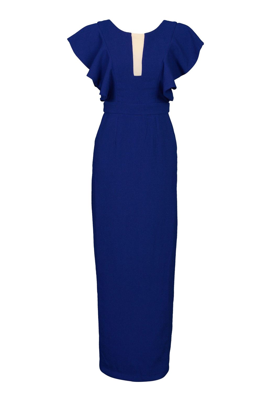 Ruffle Shoulder Crepe Dress, Royal Blue - neckline: round neck; sleeve style: angel/waterfall; pattern: plain; style: maxi dress; length: ankle length; predominant colour: royal blue; occasions: evening; fit: body skimming; fibres: polyester/polyamide - stretch; sleeve length: short sleeve; pattern type: fabric; texture group: jersey - stretchy/drapey; season: a/w 2015