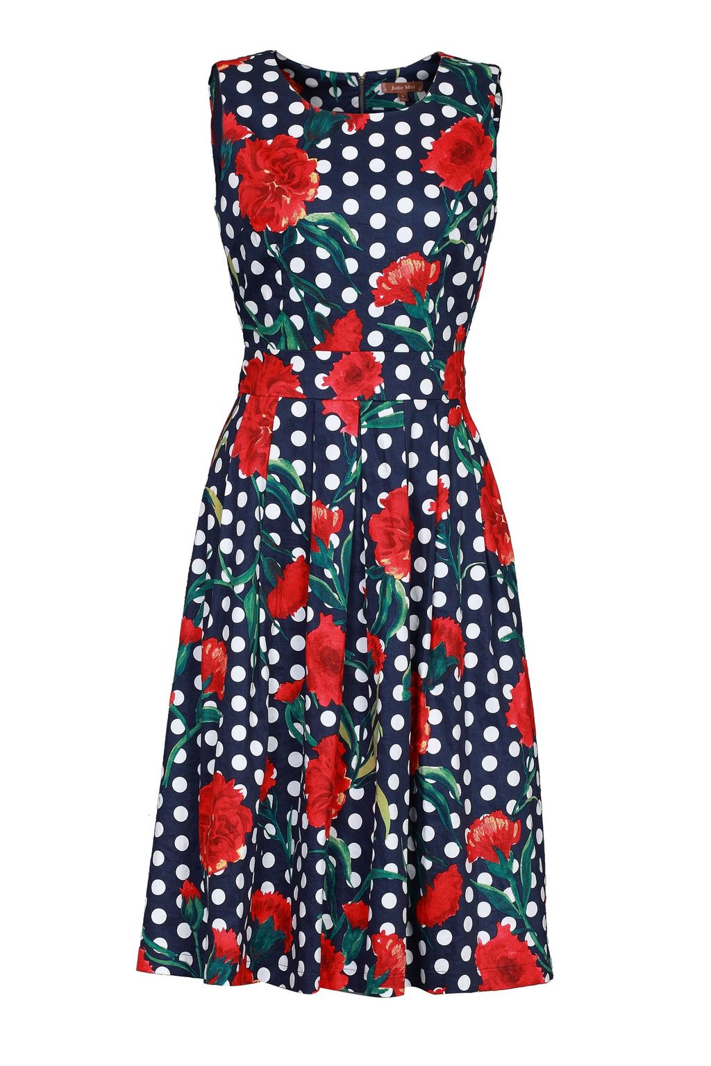 Retro Print 50 S Pleated Dress, Multi Coloured - length: below the knee; neckline: round neck; sleeve style: sleeveless; predominant colour: navy; occasions: evening; fit: fitted at waist & bust; style: fit & flare; fibres: cotton - stretch; sleeve length: sleeveless; pattern type: fabric; pattern size: standard; pattern: florals; texture group: woven light midweight; multicoloured: multicoloured; season: a/w 2015