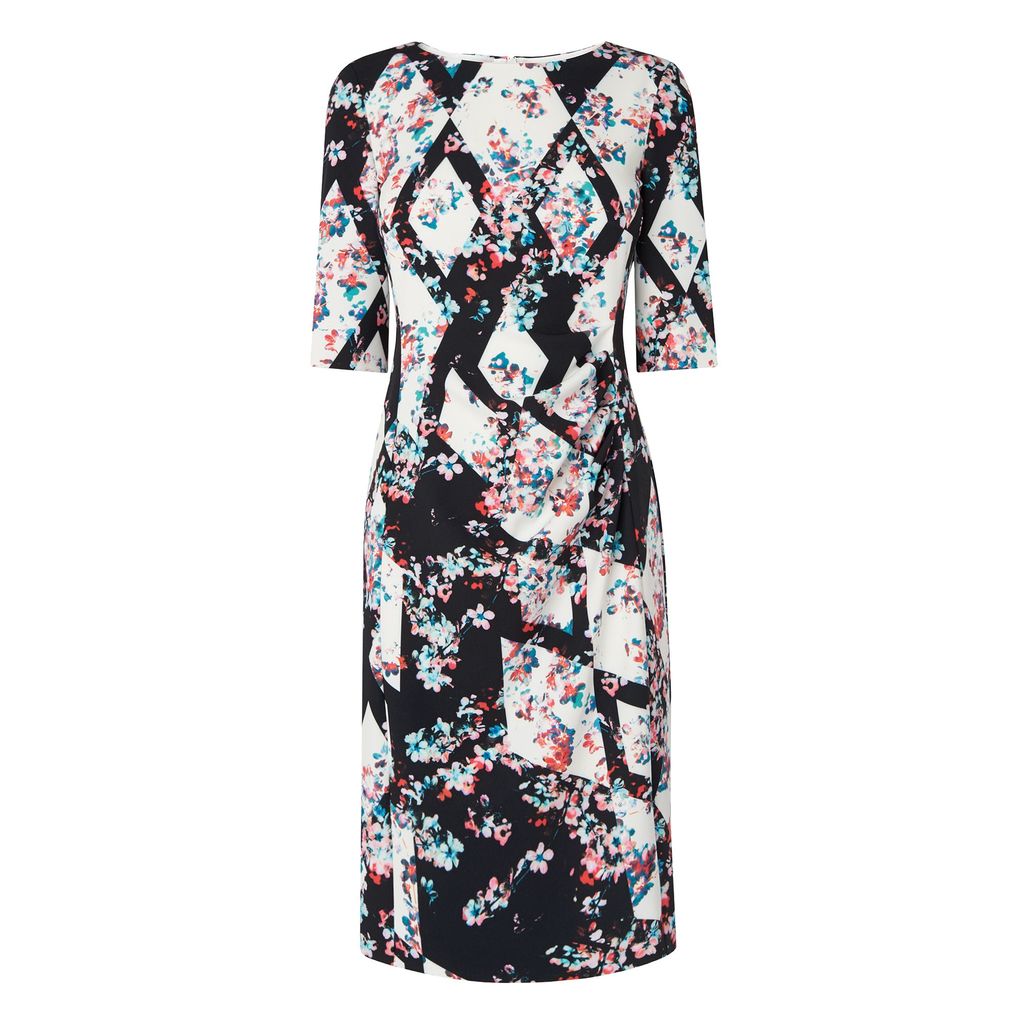 Crystal Printed Fitted Dress, Black - style: shift; length: below the knee; secondary colour: pale blue; predominant colour: black; fit: body skimming; fibres: polyester/polyamide - stretch; occasions: occasion; neckline: crew; sleeve length: half sleeve; sleeve style: standard; pattern type: fabric; pattern size: standard; pattern: florals; texture group: jersey - stretchy/drapey; multicoloured: multicoloured; season: a/w 2015