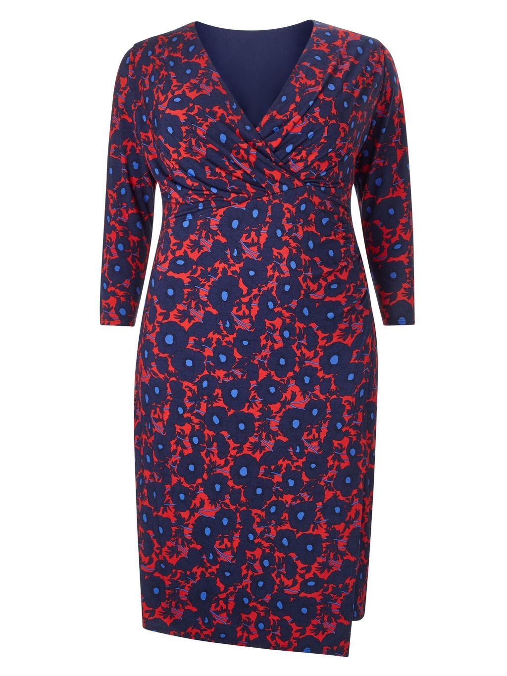 Grace Dress, Multi Coloured - style: faux wrap/wrap; neckline: v-neck; secondary colour: true red; predominant colour: navy; occasions: evening, creative work; length: just above the knee; fit: body skimming; fibres: viscose/rayon - stretch; sleeve length: 3/4 length; sleeve style: standard; pattern type: fabric; pattern: florals; texture group: jersey - stretchy/drapey; multicoloured: multicoloured; season: a/w 2015