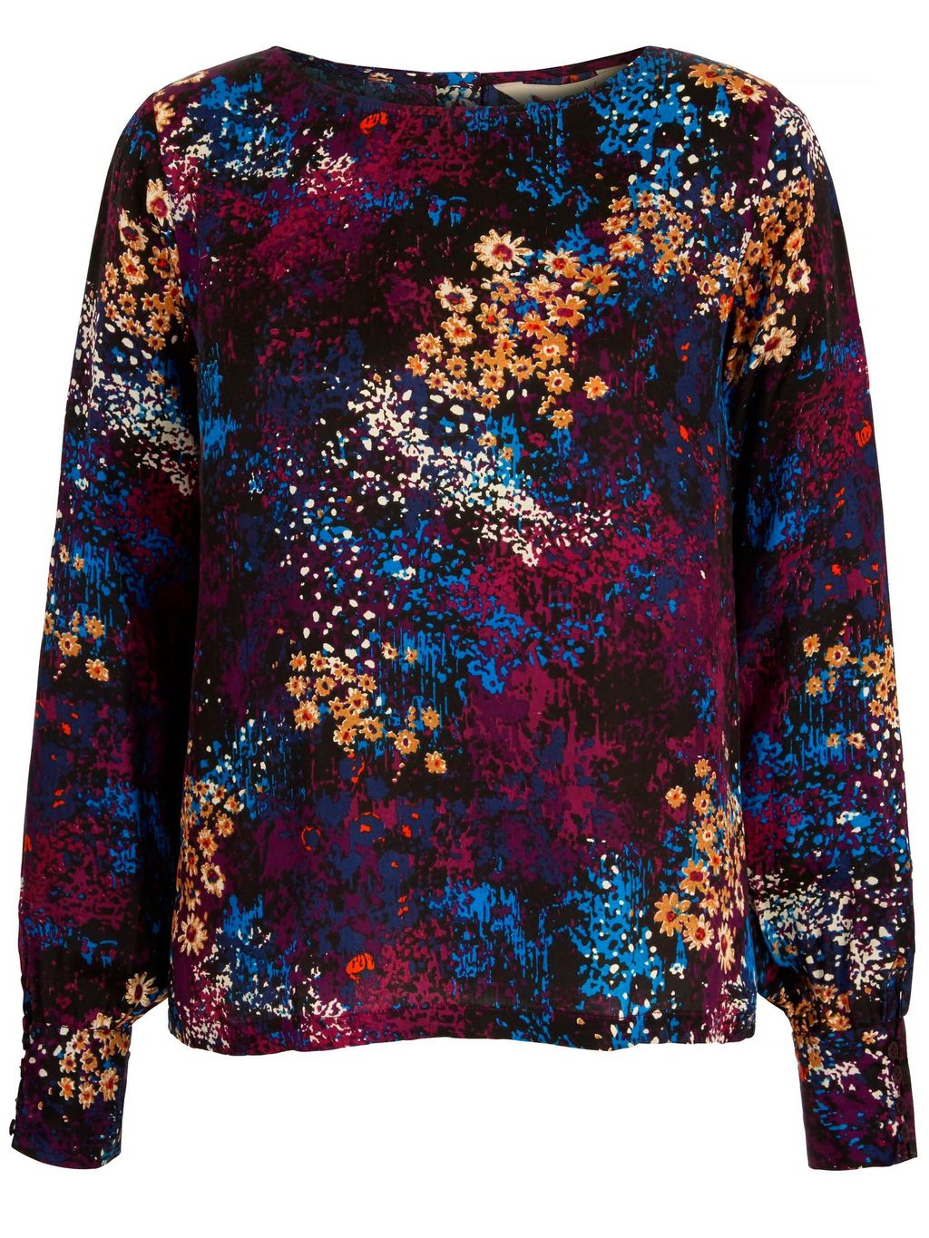 Distressed Floral Print Top, Black - neckline: round neck; secondary colour: purple; predominant colour: bright orange; occasions: casual, creative work; length: standard; style: top; fibres: viscose/rayon - 100%; fit: body skimming; sleeve length: long sleeve; sleeve style: standard; pattern type: fabric; pattern: florals; texture group: jersey - stretchy/drapey; pattern size: big & busy (top); multicoloured: multicoloured; season: a/w 2015