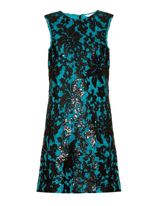 Kaleb Dress - style: shift; length: mid thigh; sleeve style: sleeveless; secondary colour: turquoise; predominant colour: black; occasions: evening, occasion; fit: straight cut; fibres: polyester/polyamide - mix; neckline: crew; sleeve length: sleeveless; pattern type: fabric; pattern size: big & busy; pattern: patterned/print; texture group: other - light to midweight; embellishment: sequins; season: a/w 2015