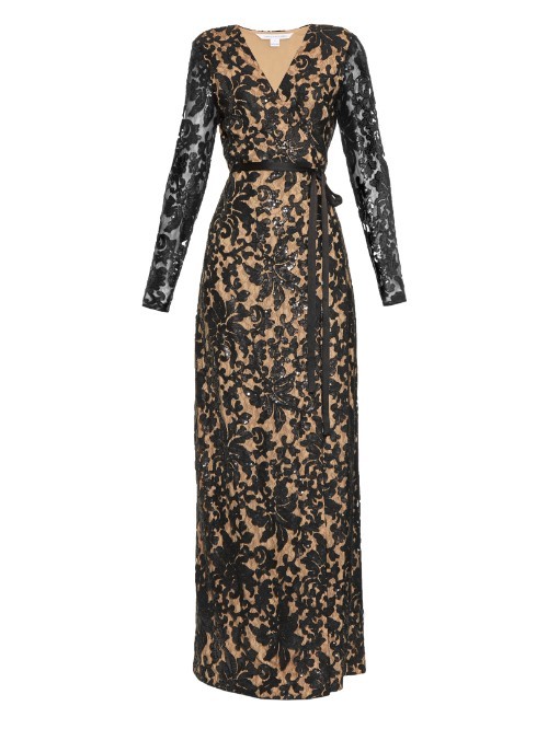 Elle Gown - neckline: v-neck; style: maxi dress; waist detail: belted waist/tie at waist/drawstring; predominant colour: camel; secondary colour: black; occasions: evening; length: floor length; fit: body skimming; fibres: silk - mix; sleeve length: long sleeve; sleeve style: standard; texture group: lace; pattern type: fabric; pattern size: standard; pattern: patterned/print; season: a/w 2015