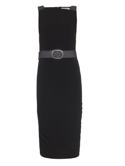 Esturia Dress - style: shift; length: below the knee; neckline: high square neck; fit: tailored/fitted; pattern: plain; sleeve style: sleeveless; waist detail: belted waist/tie at waist/drawstring; predominant colour: black; occasions: evening; sleeve length: sleeveless; pattern type: fabric; texture group: other - light to midweight; season: a/w 2015